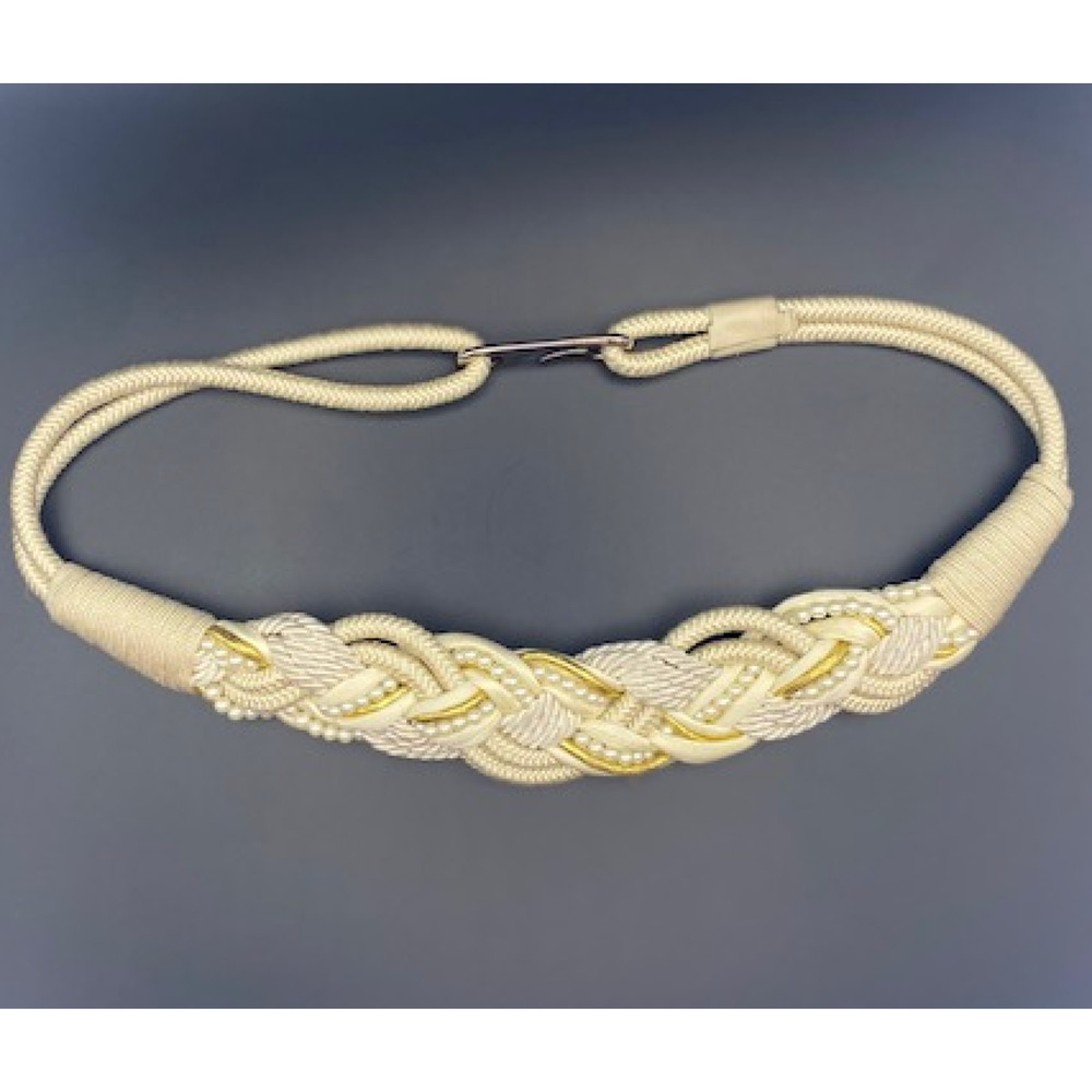USED Vintage Cream/Off White Braided Woven Cord Belt with pearl & gold detailing - Picture 5 of 8